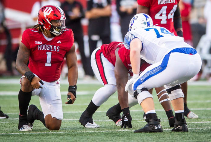 Indiana's Andre Carter (1) waits for the start of the play during the first half of the Indiana vs. Indiana State game at Memorial Stadium on Friday, Sept. 8, 2023.